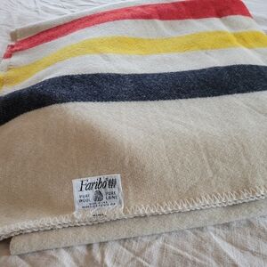 Vintage Faribo Mill Wool Blanket Colorful 3 Stripes 84x73 Faribault Made In USA